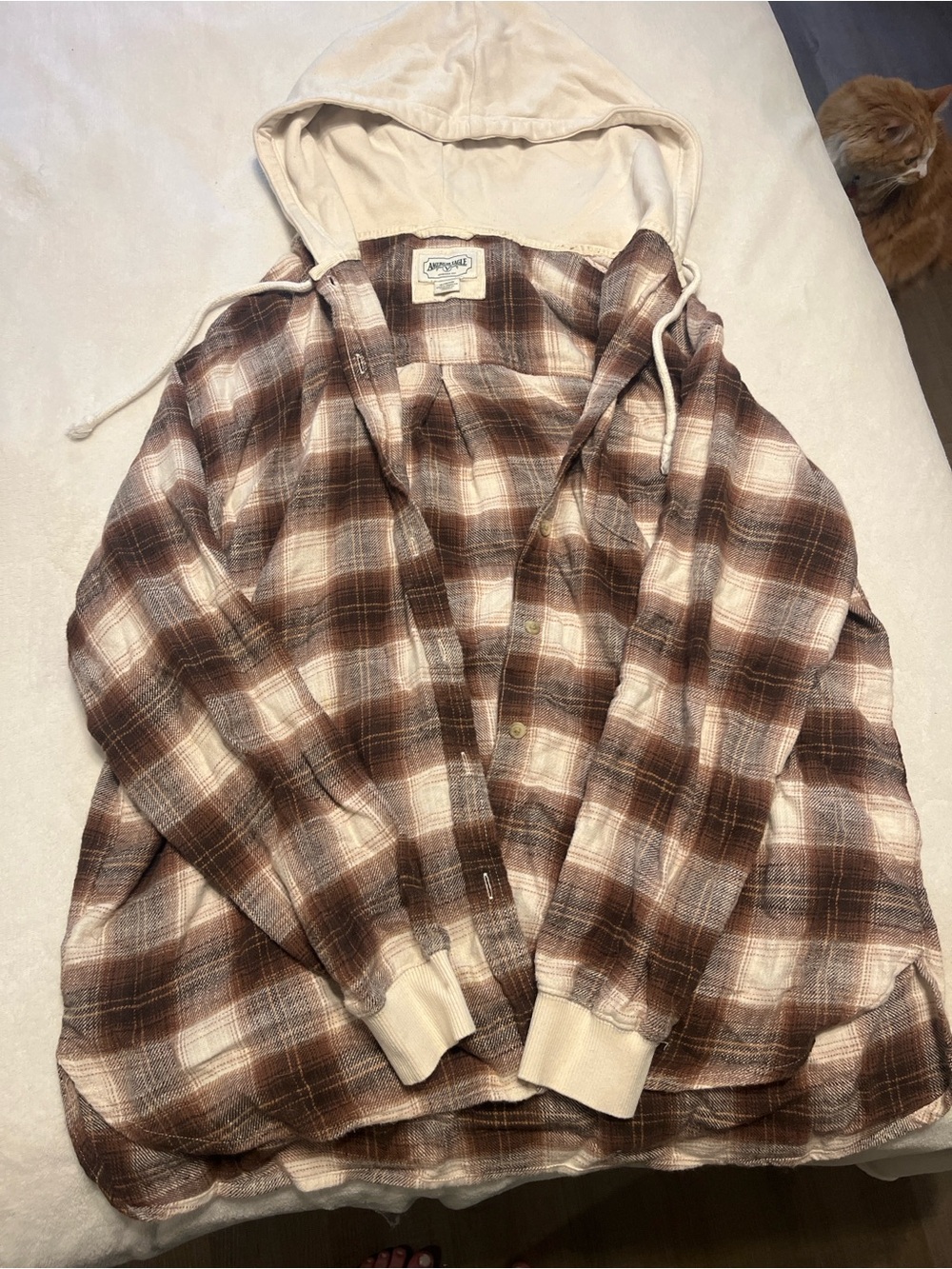 American Eagle Outfitters Brown & Cream Plaid Hooded Button-Down Shirt